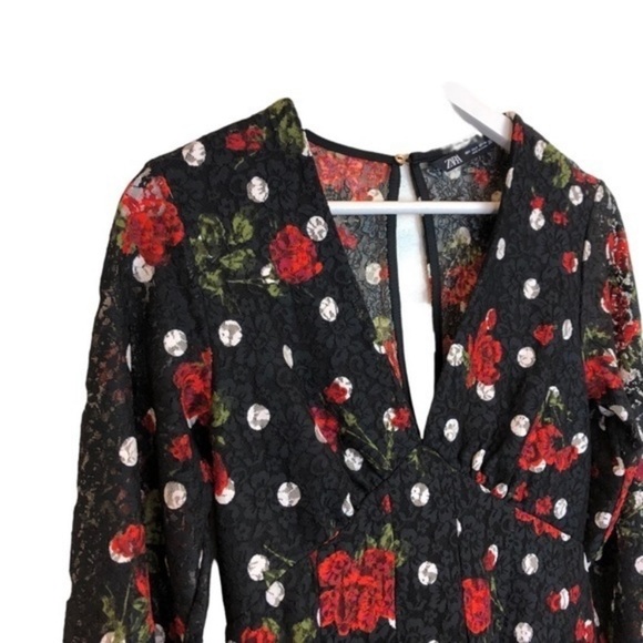 Zara Black Red Rose Polka Dot Dress - Picture 2 of 12